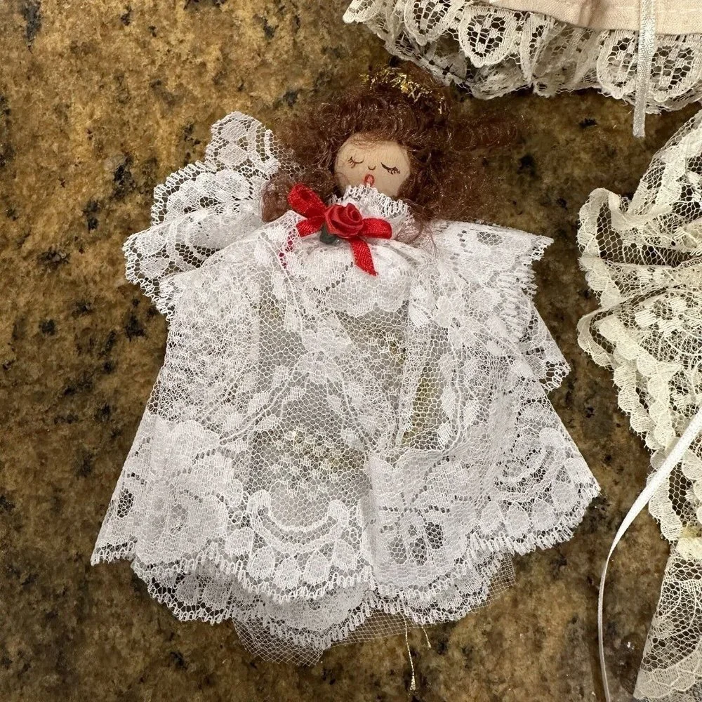 Vintage Angel‎ Christmas Ornaments Lace Crochet Wooden Gold Set Of 4